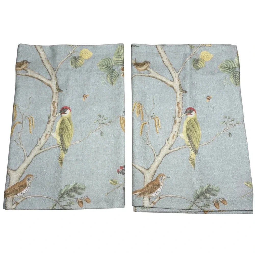 VOGOL Cotton Linen Bird Print Valance Set 2 Blue Green Woodland Nature 52x18